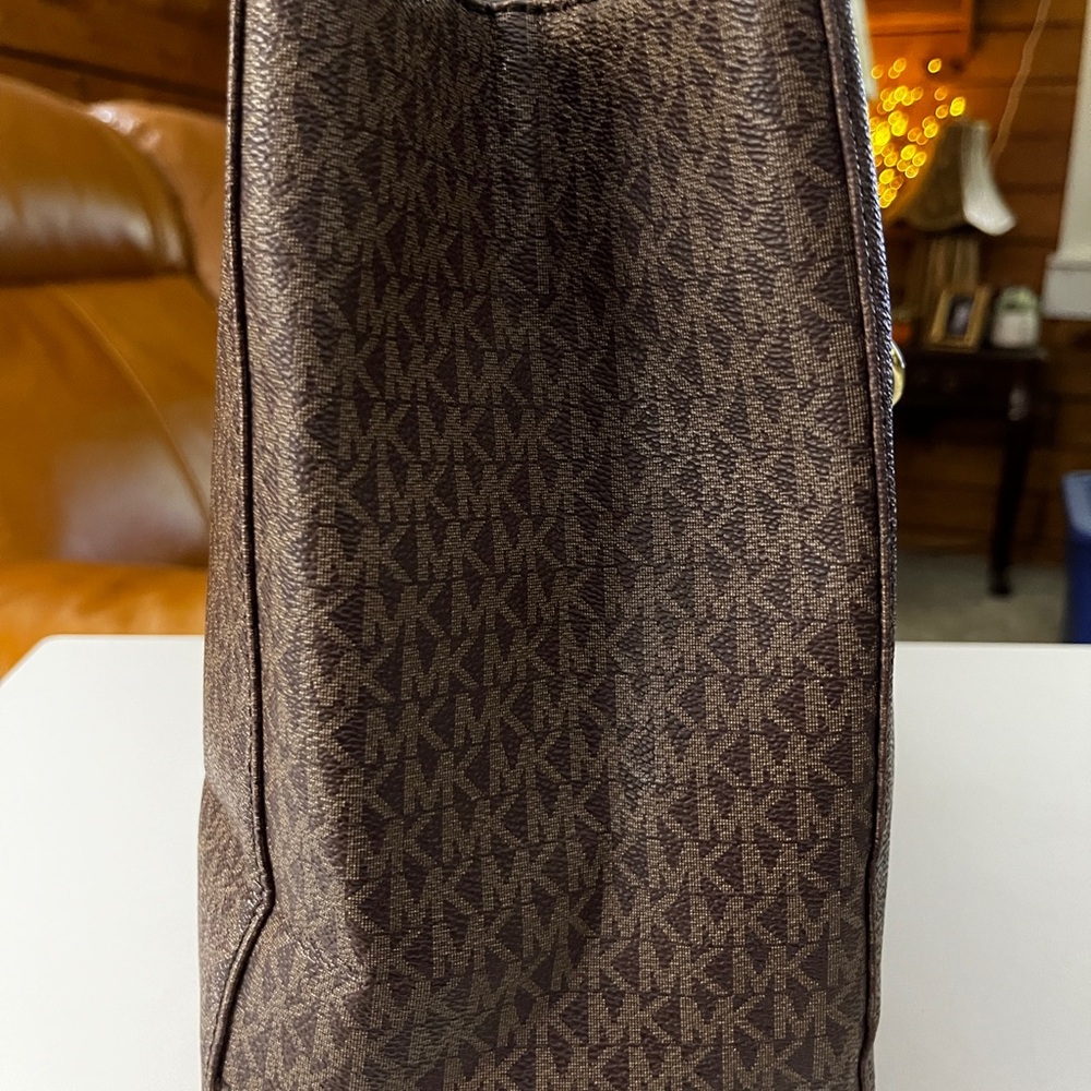 Michael Kors Dark Brown Logo Tote with Gold Chain Accents 13” x 10” X 5” - Picture 6 of 16